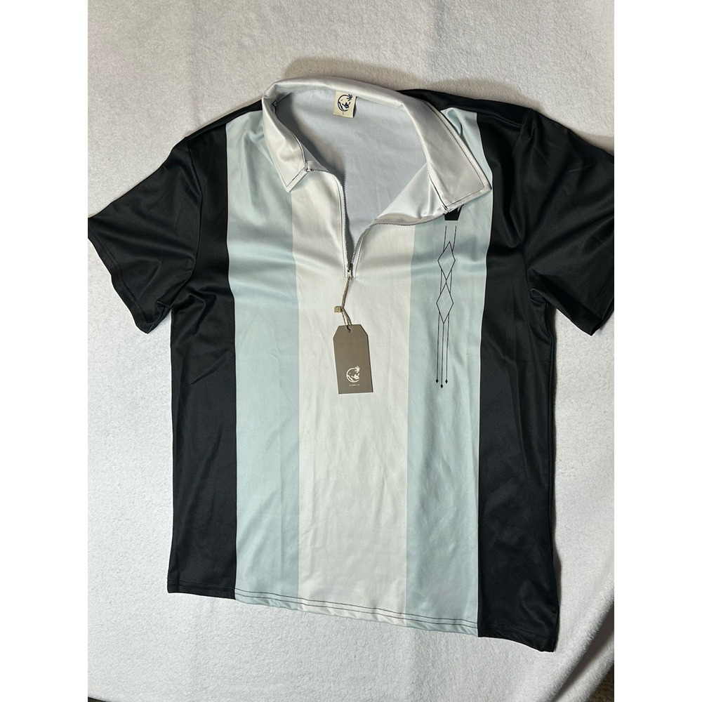Hardaddy Men's Short Sleeve Polo Shirt Size Large Blue, Black, Cream Striped